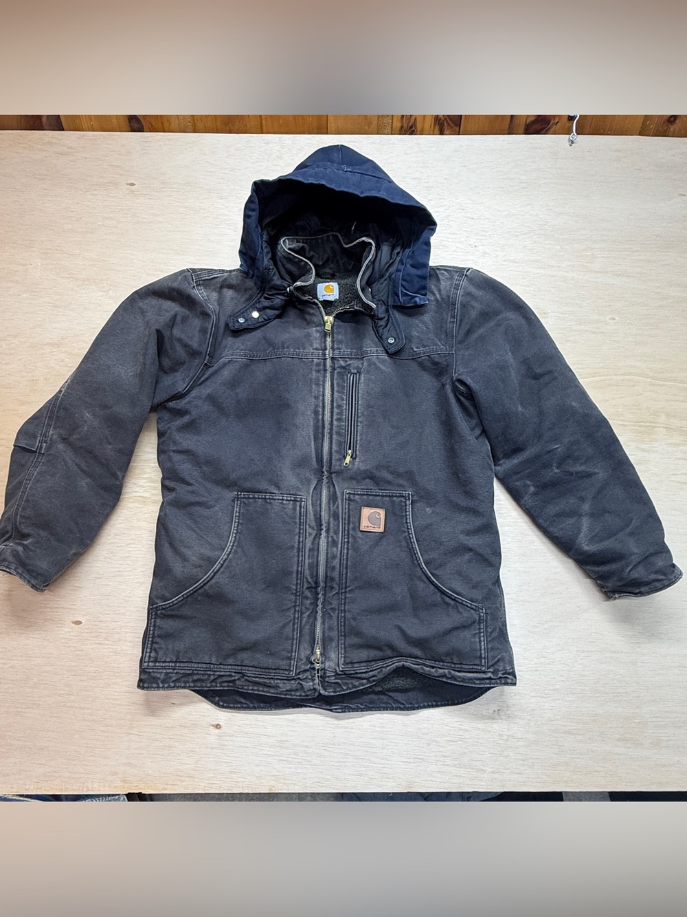 Vintage Carhartt Black Sherpa Lined Duck Jacket w/ Detachable Hood Size M 102116